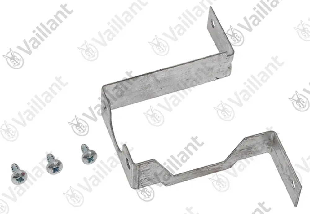 Halter aus Metall für Anschlussrohre, geeignet für Vaillant Brenner, zusammen mit drei Schrauben im Bild gezeigt.